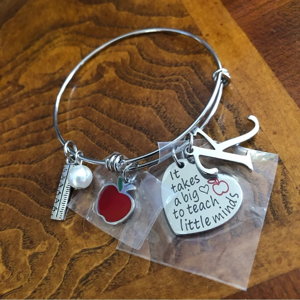 Teacher charm initial “K” silver plated adjustable bangle bracelet